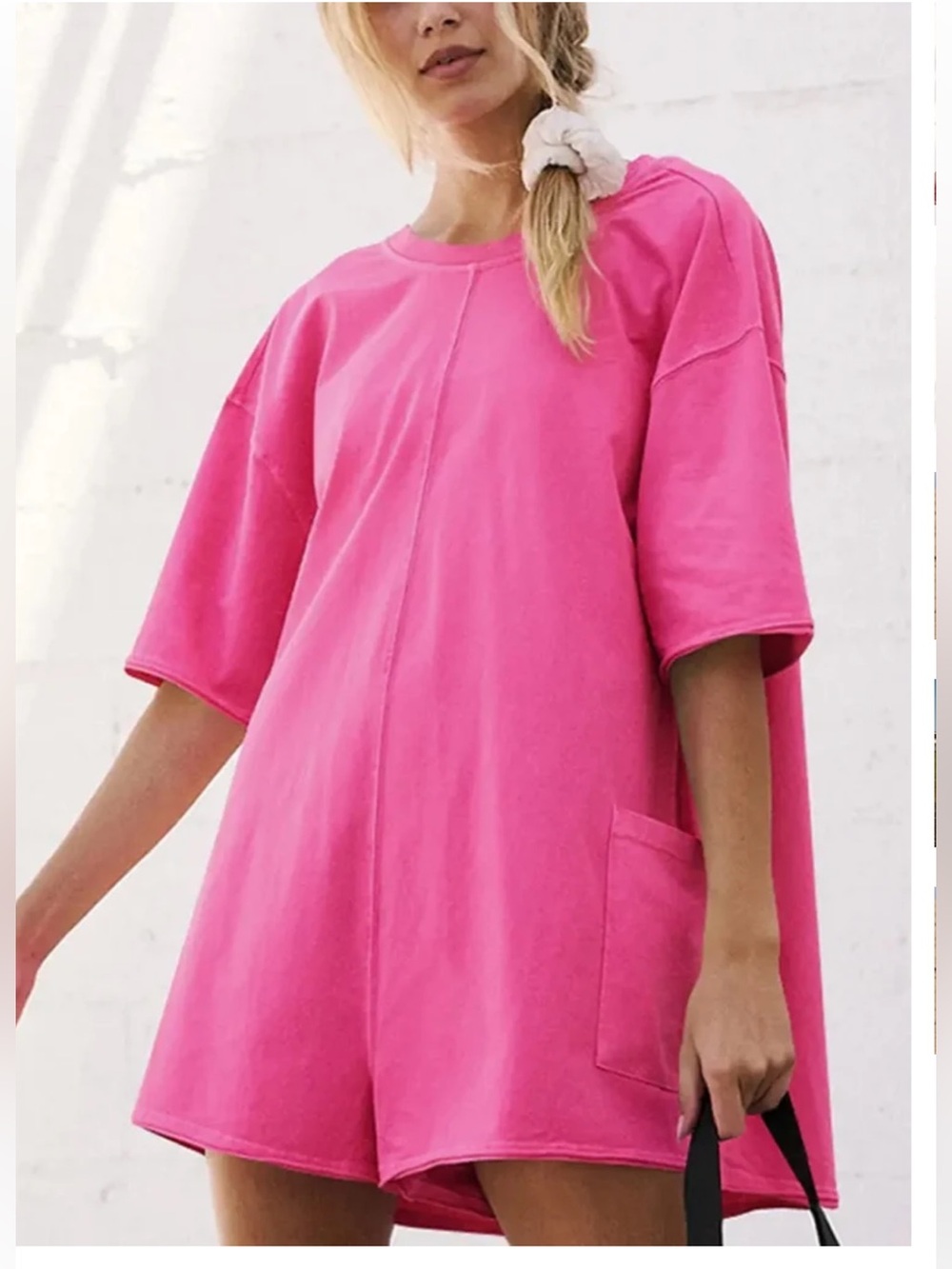 FASHION  Pink oversized short-sleeve knit t-shirt romper